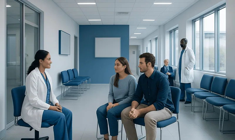 Fertility specialist consulting a couple in a modern clinic.