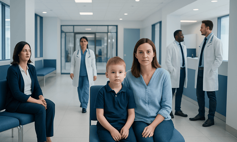 Medical team at Acibadem Hospital with a young patient and parent in waiting area.