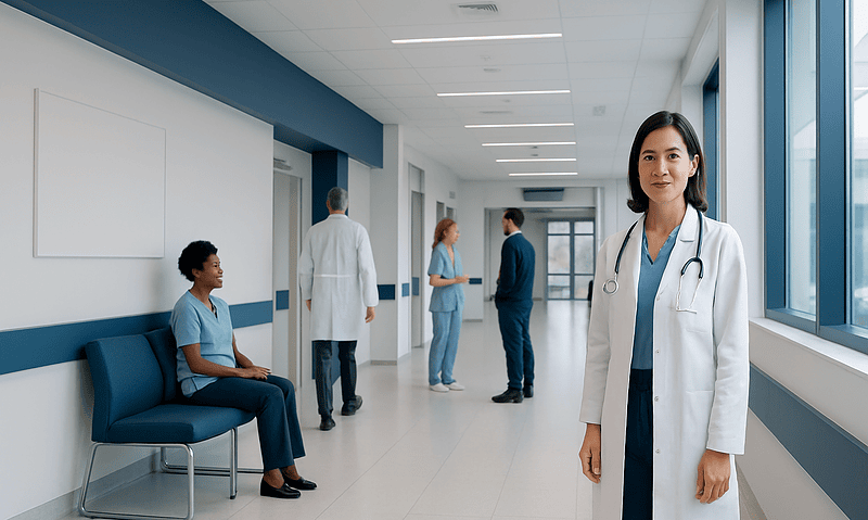Healthcare professionals and a patient in a modern hospital corridor.