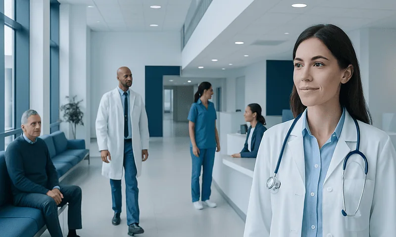 Healthcare professionals and patients in a modern hospital lobby.
