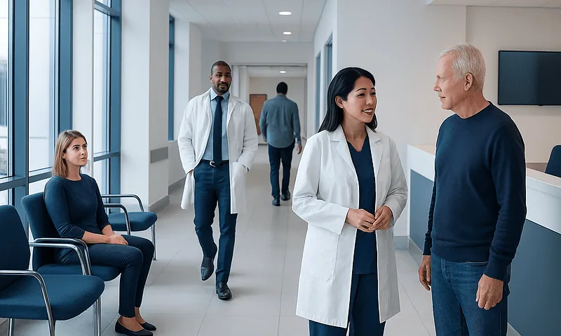 Medical professionals and patient in hospital corridor at Acibadem Hospitals Group.