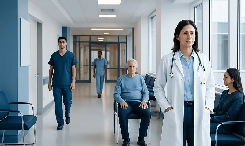 Healthcare professionals and patients in a hospital corridor at Acibadem Hospitals Group.