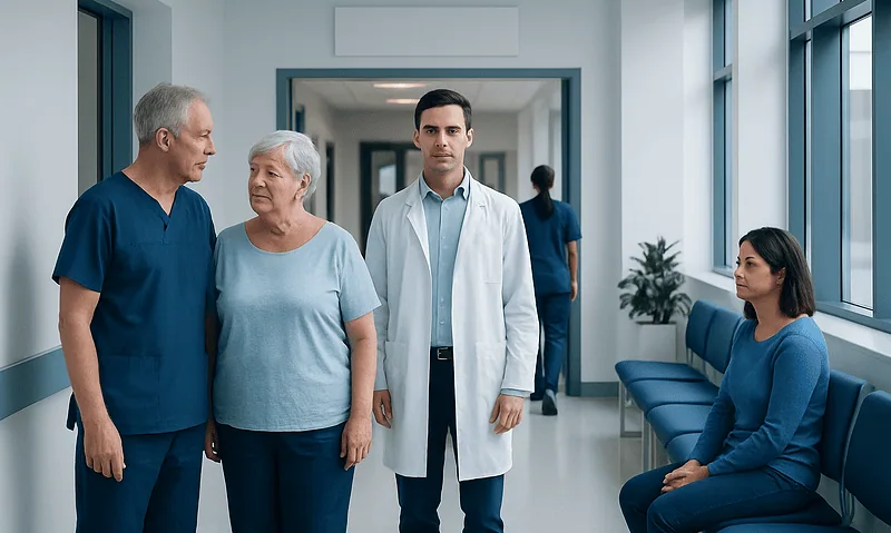 Medical consultation with elderly patients and doctor in hospital corridor.