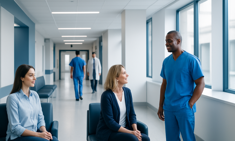 Healthcare professionals and patients in a modern hospital corridor.