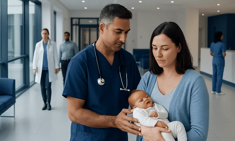 Pediatrician holding a newborn baby with mother in hospital corridor.