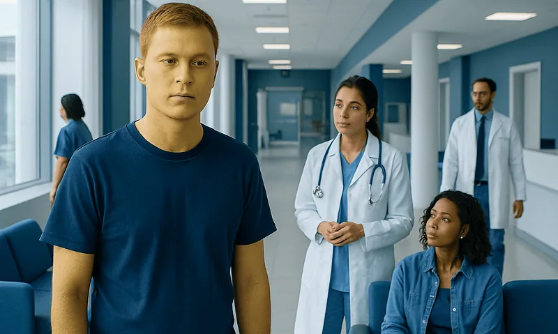 Patient waiting in hospital corridor with medical staff nearby.