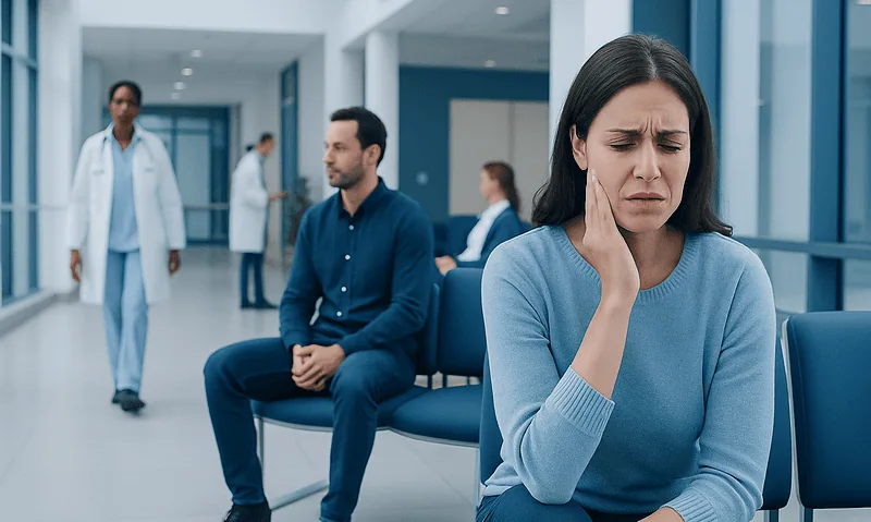 Woman experiencing jaw pain in a hospital waiting area.