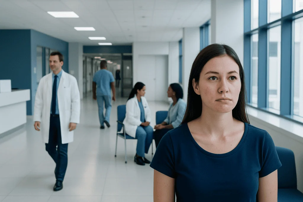 Jawline Acne — Explained by Medical Evidence, Not Myths 1 Young woman with jawline acne in a hospital corridor.