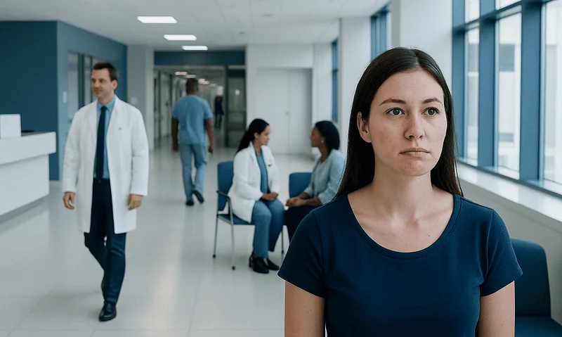 Young woman with jawline acne in a hospital corridor.