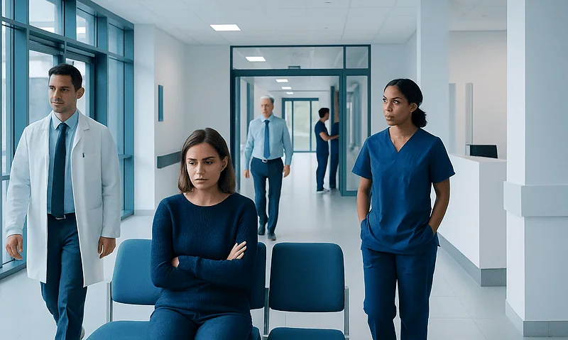 Patients waiting in a hospital corridor with medical staff nearby.