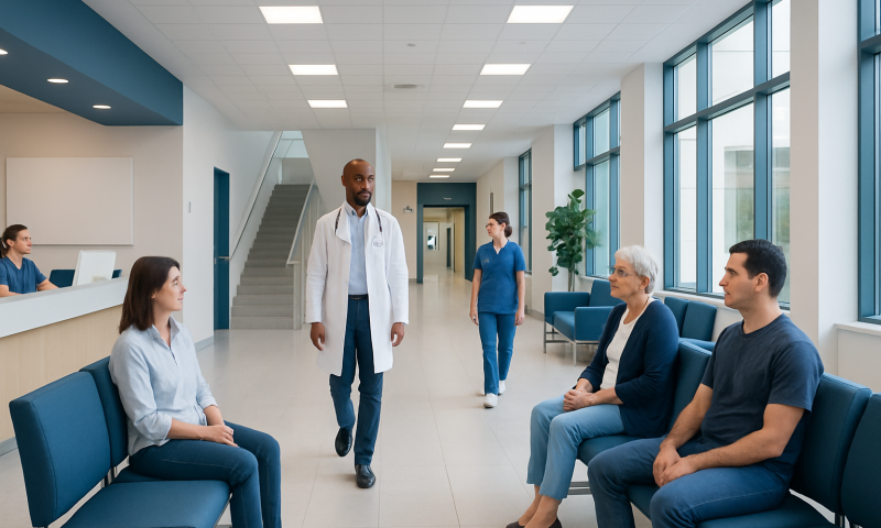 Hospital waiting area with patients and medical staff in a modern facility.