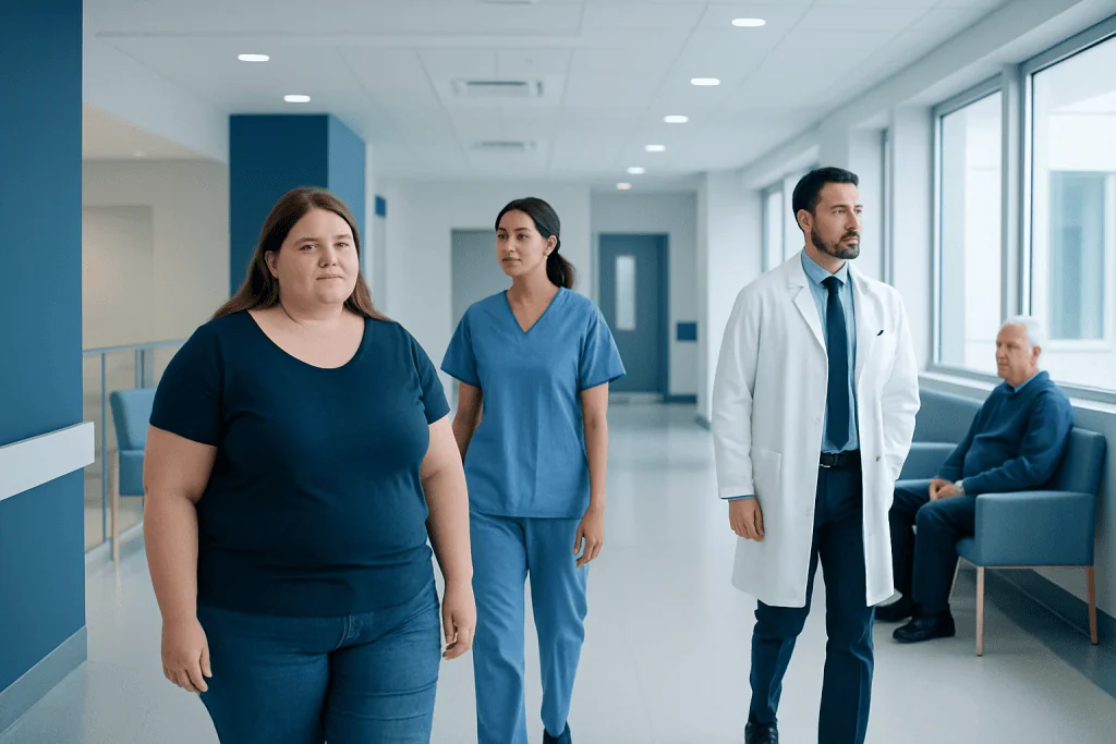 Jelly Roll Weight Loss: What Patients Need to Know 1 Patients and healthcare professionals in a hospital corridor at Acibadem Hospitals Group.