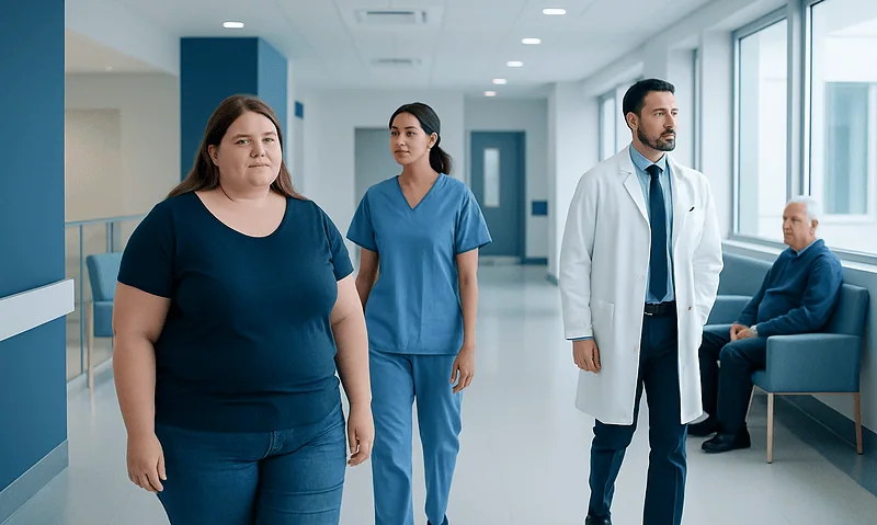 Patients and healthcare professionals in a hospital corridor at Acibadem Hospitals Group.