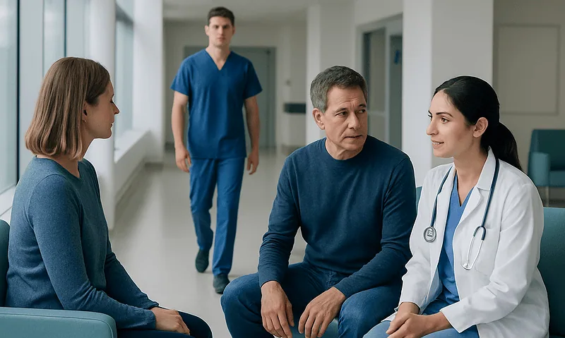 Medical consultation with doctor and patients in hospital corridor.