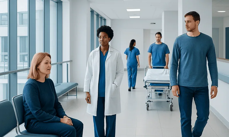 Hospital corridor with medical staff and patient in a modern healthcare facility.