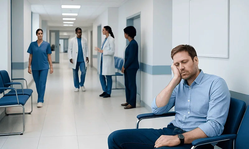 Man waiting in hospital corridor appears tired and stressed.