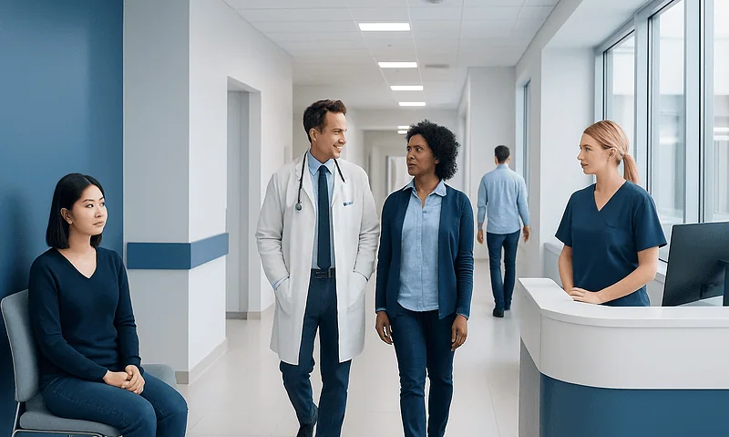 Medical staff and patient in hospital corridor at Acibadem Hospitals Group.