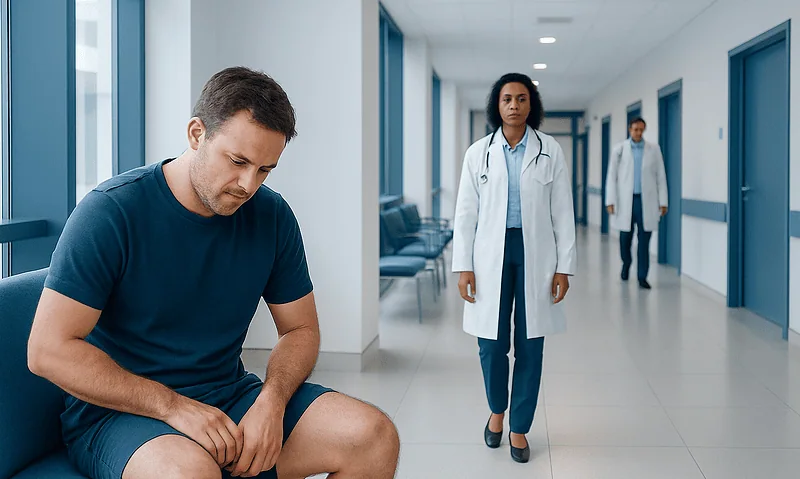 Jock Itch: An Evidence-Based Guide for Patients 4 Patient experiencing discomfort in hospital corridor with medical staff nearby.