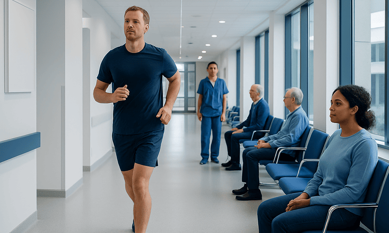 Man jogging in hospital corridor with seated patients and medical staff.