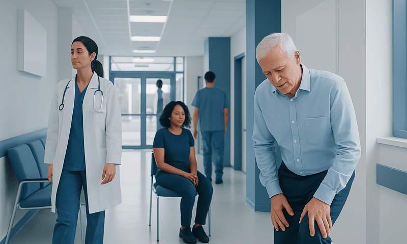 Senior man experiencing joint pain in a hospital corridor with medical staff and patients nearby.