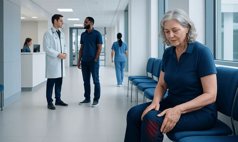 Elderly woman with knee pain in hospital corridor with medical staff nearby.