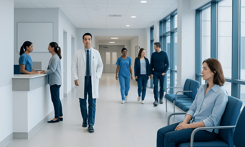 Modern hospital corridor with medical staff and patients.