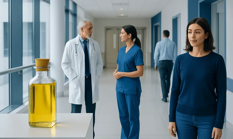 Medical professionals and a patient in a hospital corridor with a bottle of oil in the foreground.