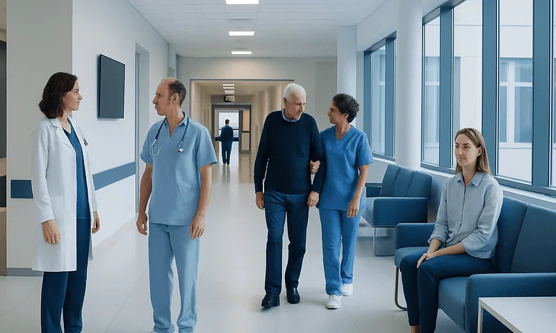 Hospital corridor with medical staff and patient engaging in conversation.