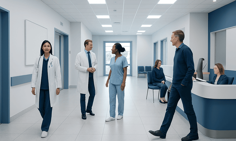 Medical professionals and staff in a hospital corridor engaging in discussion.