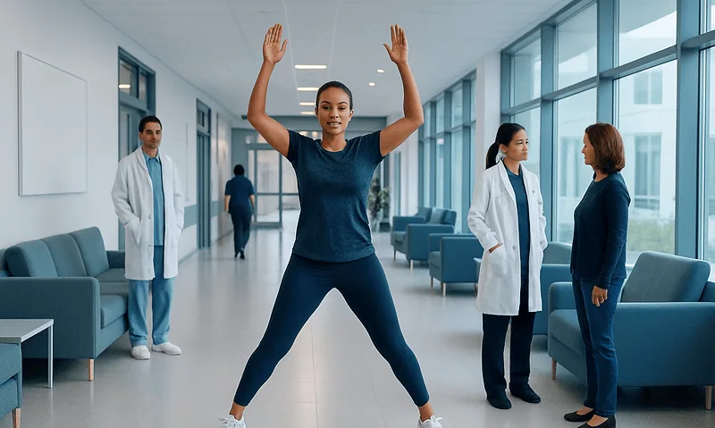 Woman performing jumping jacks in a medical facility corridor.