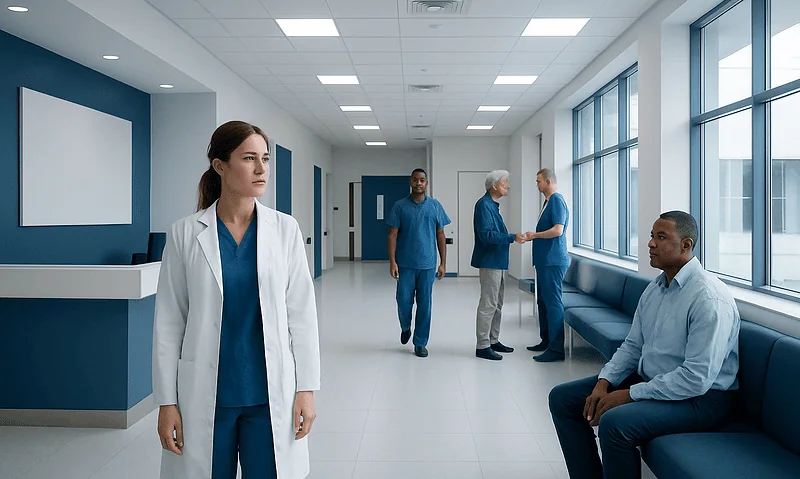 Medical professionals waiting in a hospital corridor with large windows and seating.