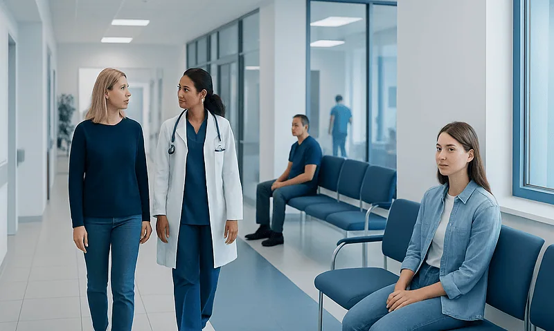 Medical professionals and patients in a hospital corridor.