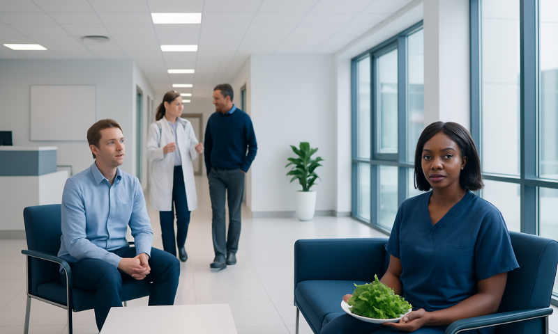Hospital waiting area with medical staff and patients.
