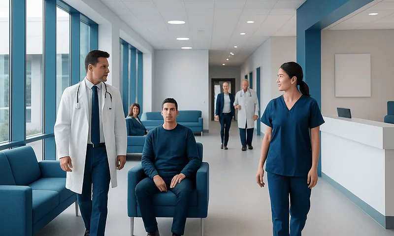Medical consultation in a modern hospital waiting area with healthcare professionals and patient.