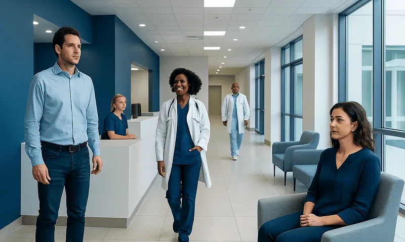 Patients and medical staff in a modern hospital corridor.