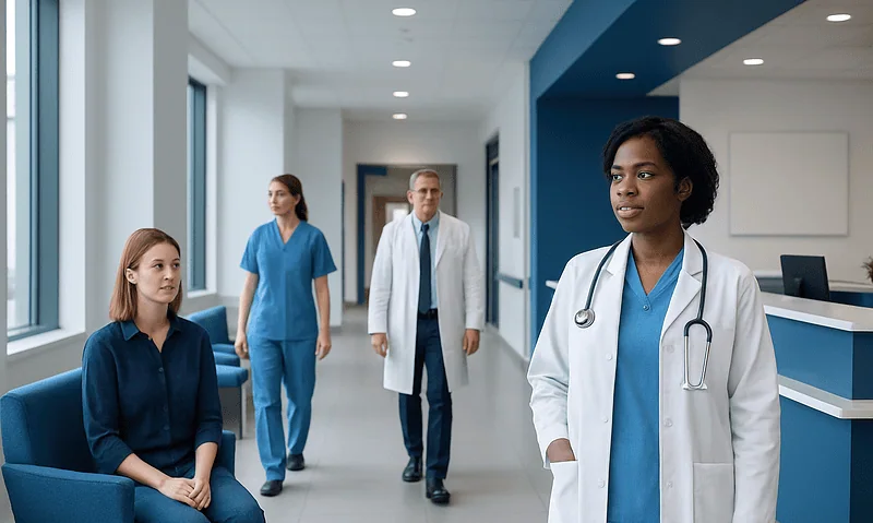 Medical team consulting patient in hospital corridor with modern design.