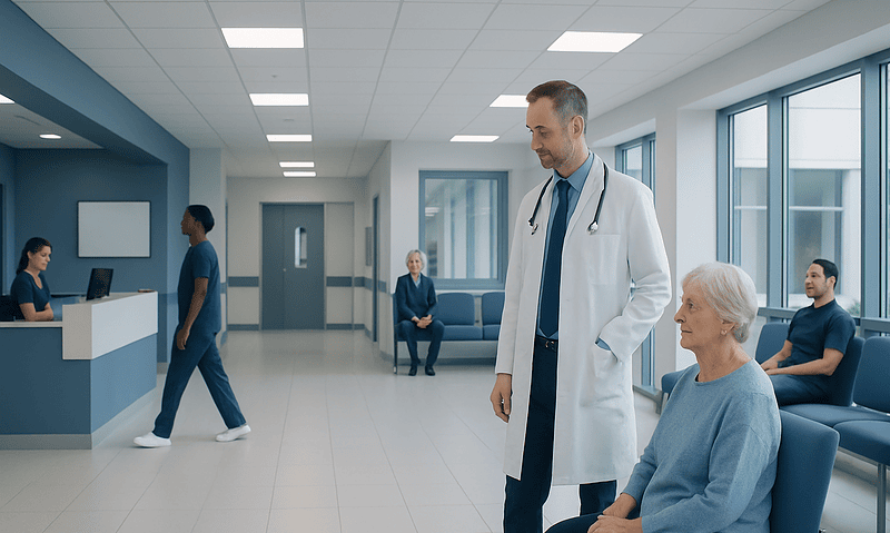 Doctor consulting elderly patient in hospital corridor at Acibadem Hospitals.