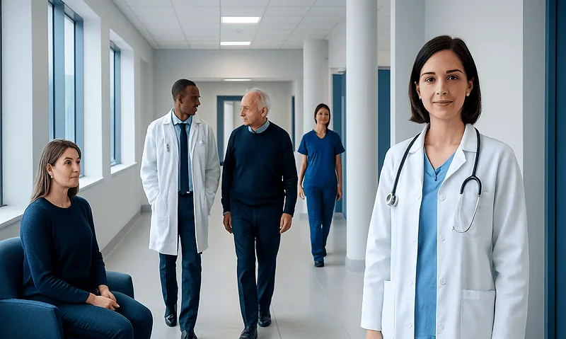 Medical team and patient in hospital corridor at Acibadem Hospitals Group.