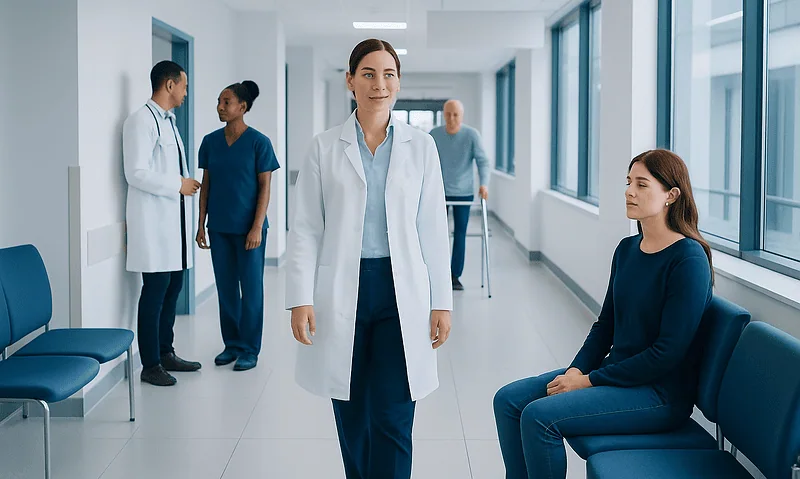 Kate Middleton Health: A Complete Medical Overview 6 Healthcare professionals and patient in a hospital corridor at Acibadem Hospitals Group.