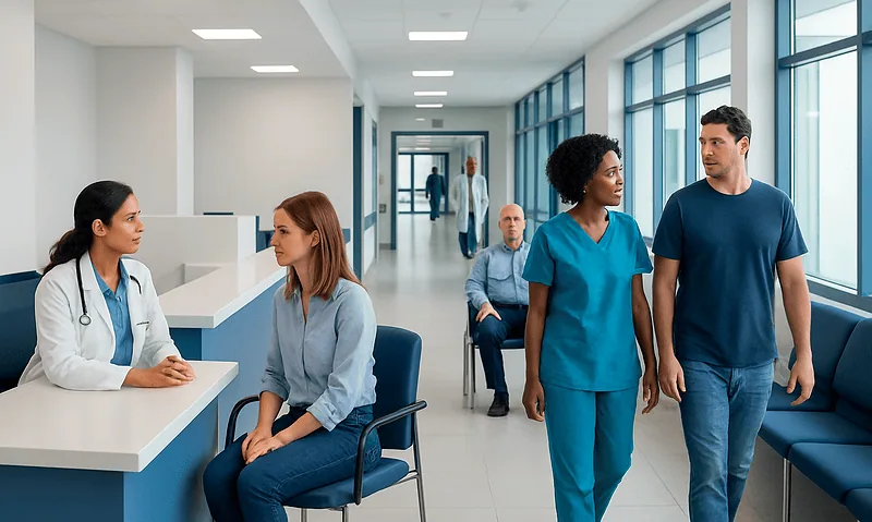 Patients and healthcare professionals in a modern hospital waiting area.