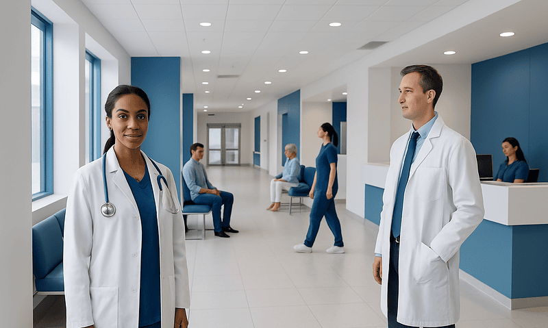 Kcal Brown Rice: A Complete Medical Overview 5 Doctors and staff in a modern hospital corridor with seating areas.
