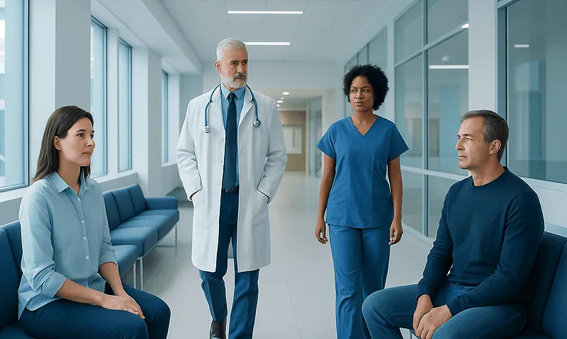 Doctor consulting with patients in hospital corridor.