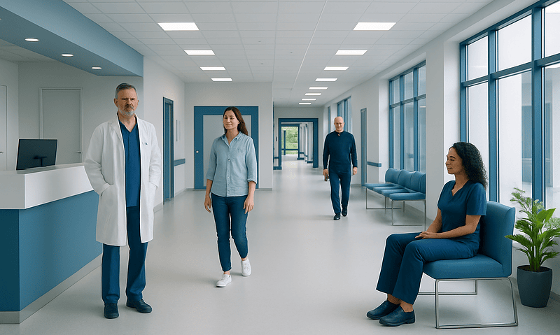 Hospital corridor with medical staff and patient in a modern healthcare facility.