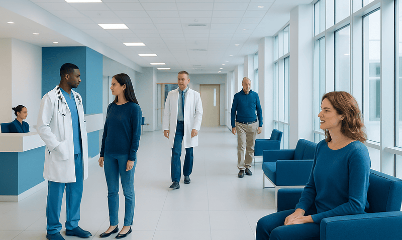 Medical professionals and patients in a modern hospital corridor.