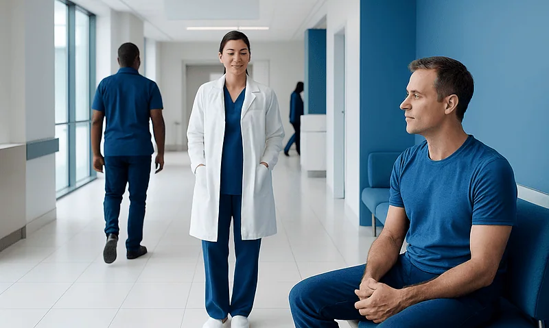 Doctor and patient in hospital corridor with medical staff in background.