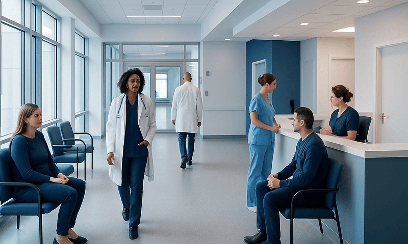 Medical consultation in a modern hospital waiting area with healthcare professionals and patients.