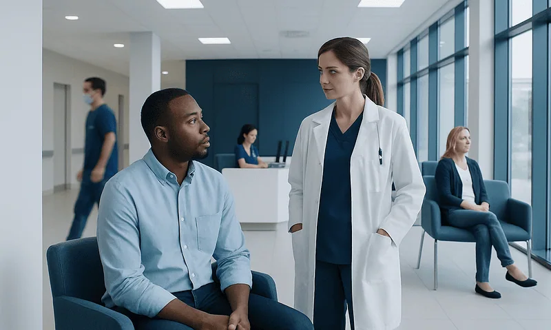 Doctor consulting patient in modern hospital waiting area.