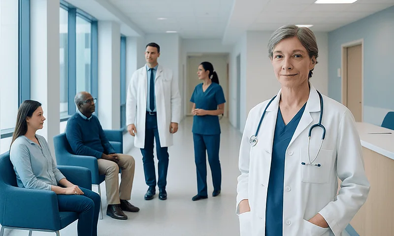 Medical team consulting patients in a modern hospital corridor.