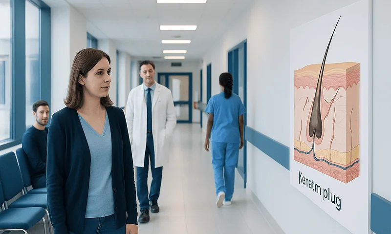Medical professionals examining a diagram of a keratin plug in a hospital corridor.