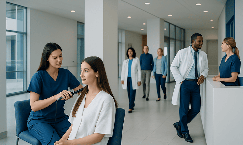 Medical professional styling patient's hair in a modern clinic.